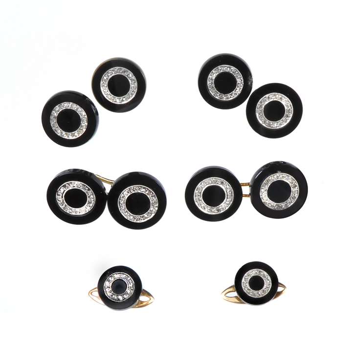 Early 20th century onyx and rose cut diamond gentleman's dress set, French c.1910, comprising a pair of cufflinks, four buttons and two studs,
